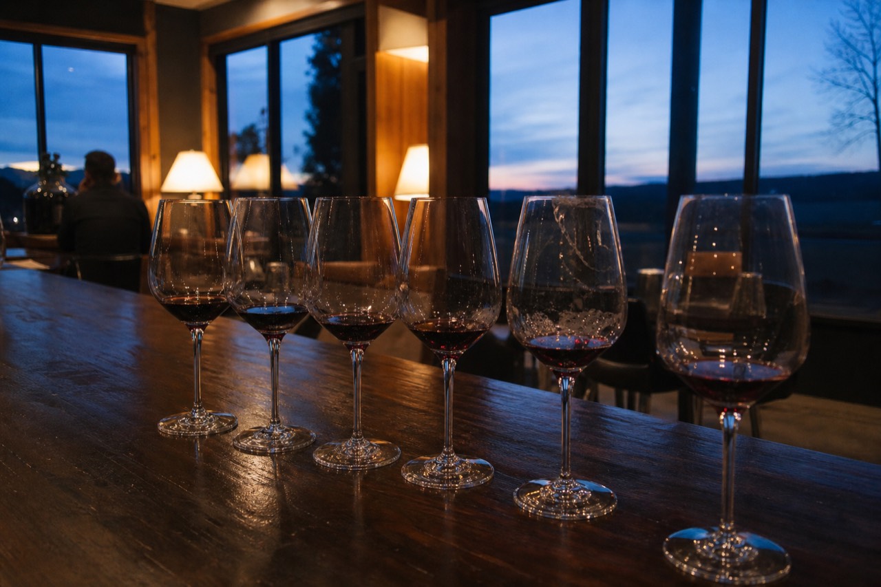 A tasting flight of red wine glasses on a winery bar