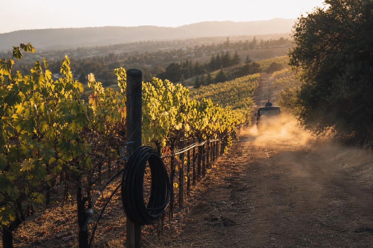 Vineyard rows climbing a hillside in Oregon wine country at golden hour