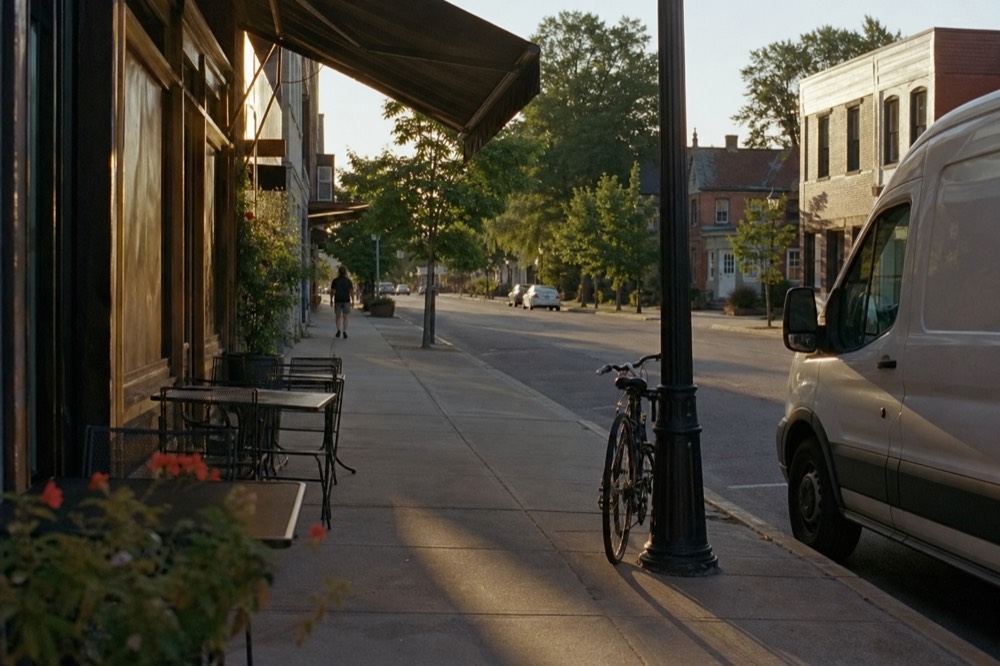A small-town main street in Willamette Valley wine country