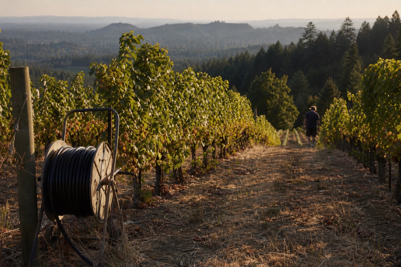 Vineyard rows on a Willamette Valley hillside at golden hour