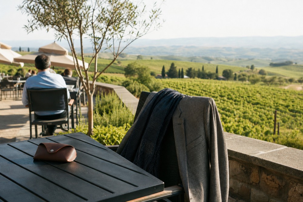 Casual smart-casual outfits on a winery terrace overlooking vineyards