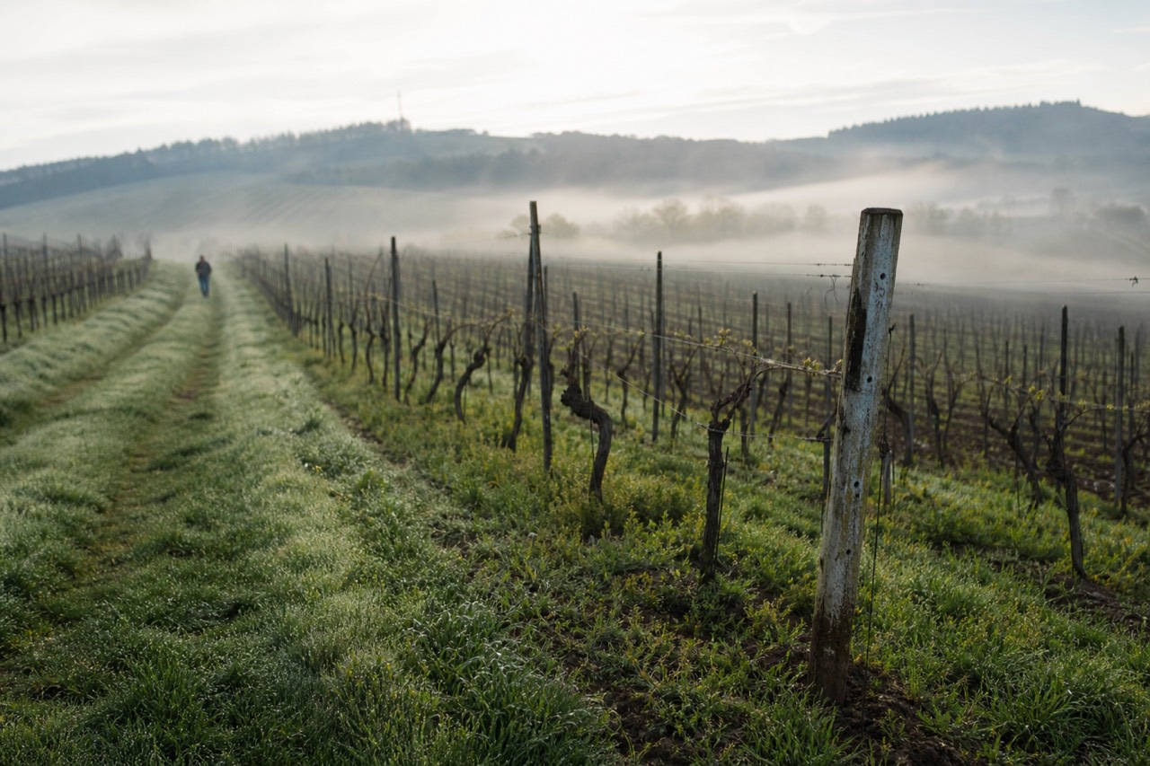 Vineyard rows on a cool morning in Willamette Valley wine country