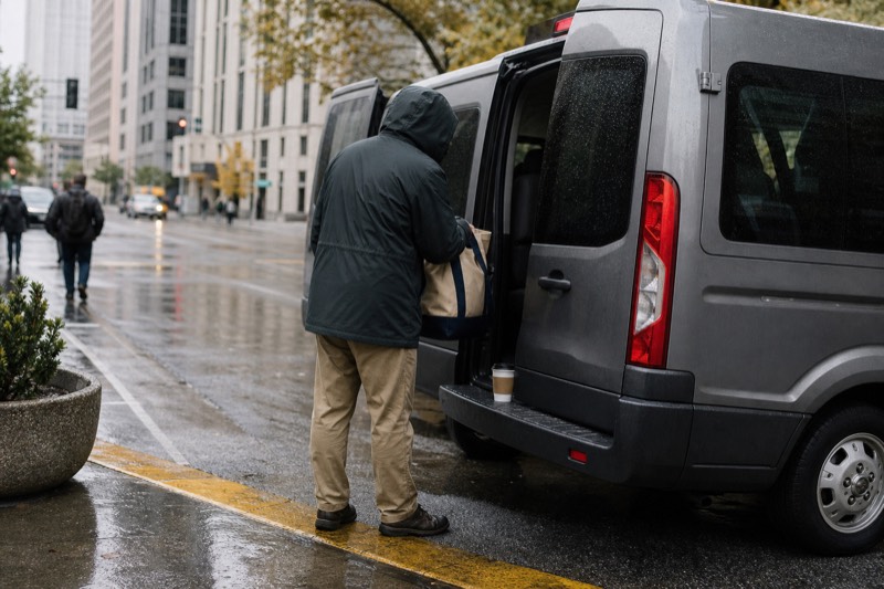 A small tour van idles at a rainy Portland curb while a traveler loads a tote