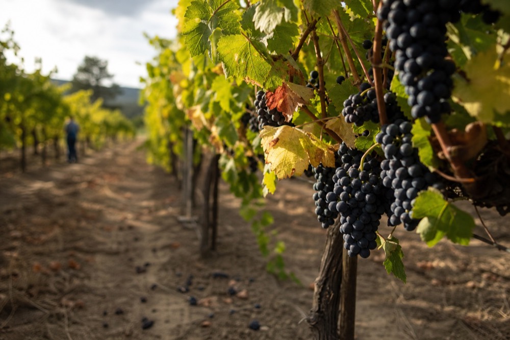 Ripe Pinot Noir grape clusters on the vine in a Willamette Valley vineyard in September