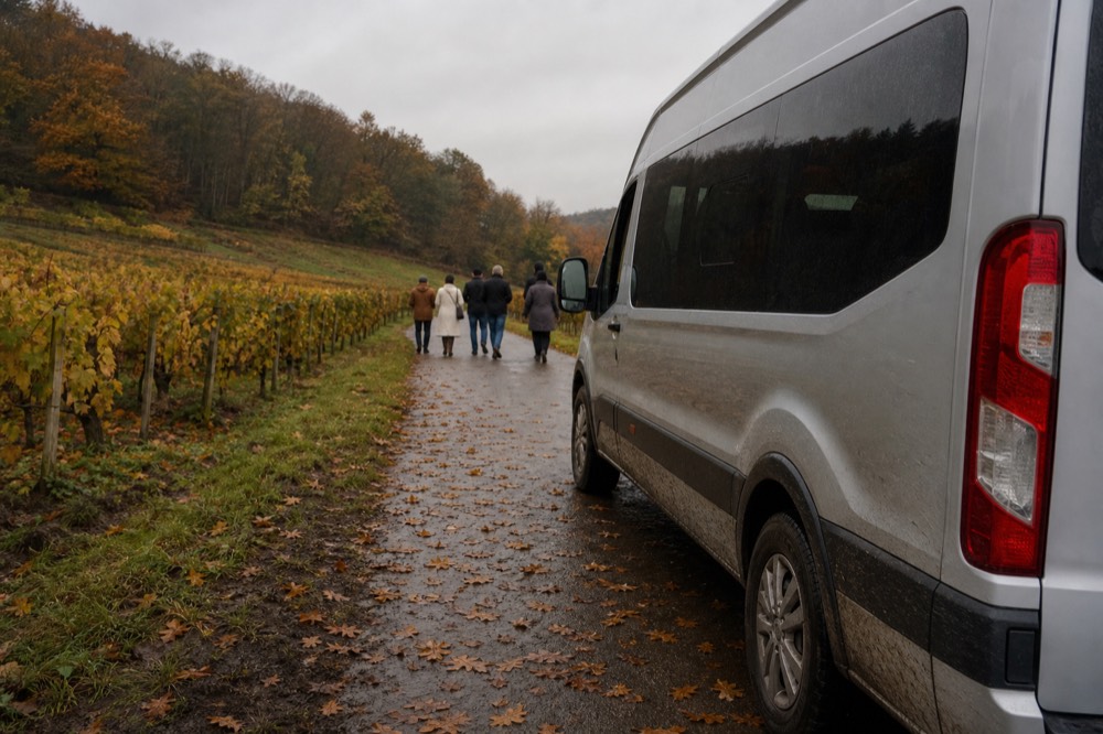 A tour van parked on a rural road beside Willamette Valley vineyard rows