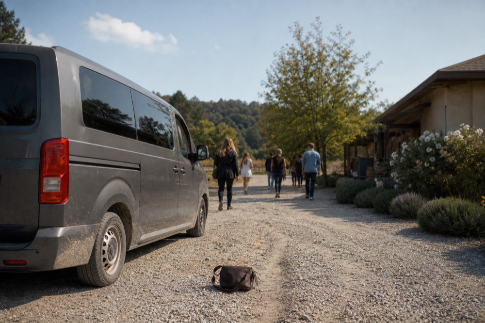 A guided tour van parked on a gravel drive beside a small Willamette Valley winery building
