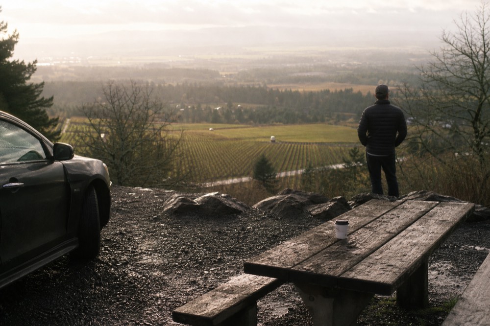 A viewpoint over the Dundee Hills with vineyard rows descending toward the valley floor