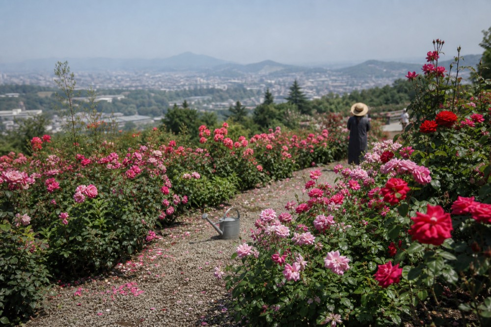 International Rose Test Garden with blooming roses and city view