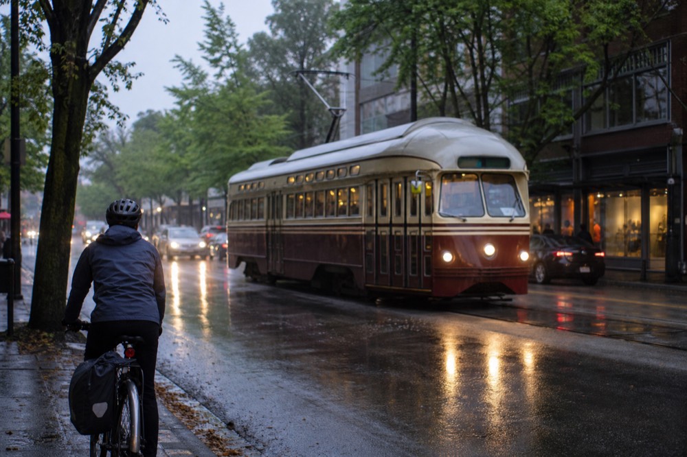 Portland streetcar on a downtown street with shops and trees