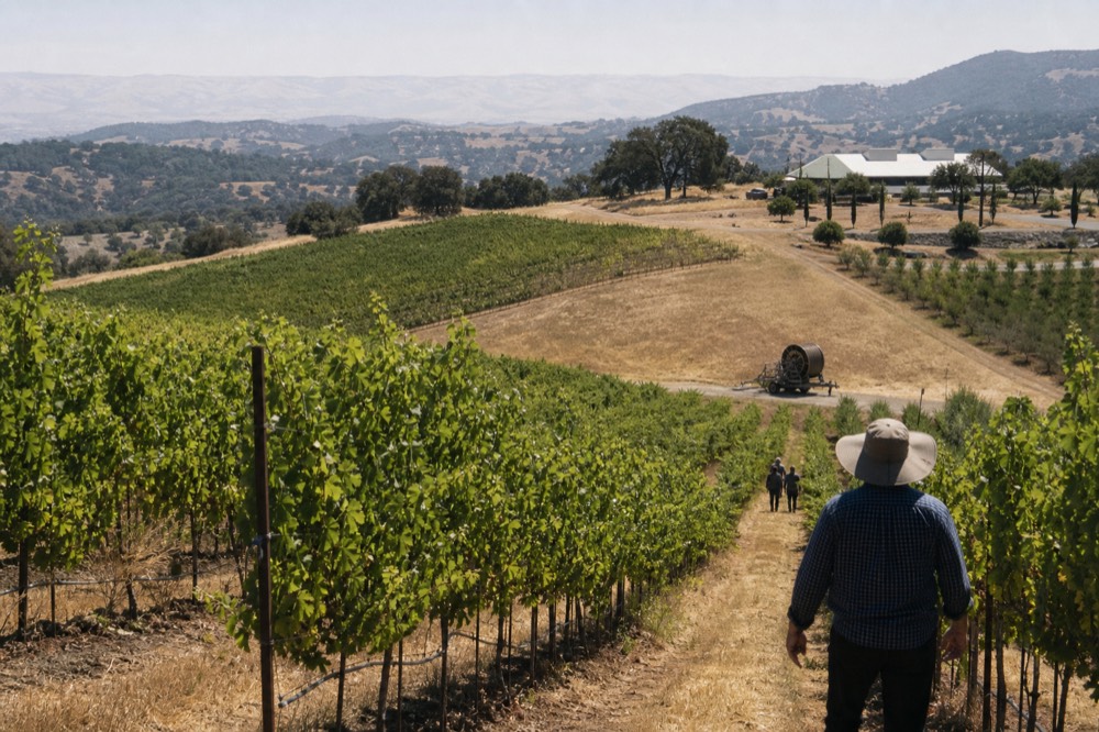 Rolling vineyard hills with a winery building in the distance near McMinnville