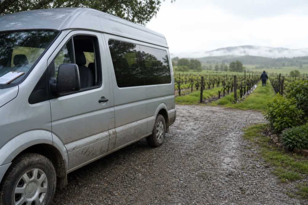 A small tour van parked on a gravel drive beside vineyards