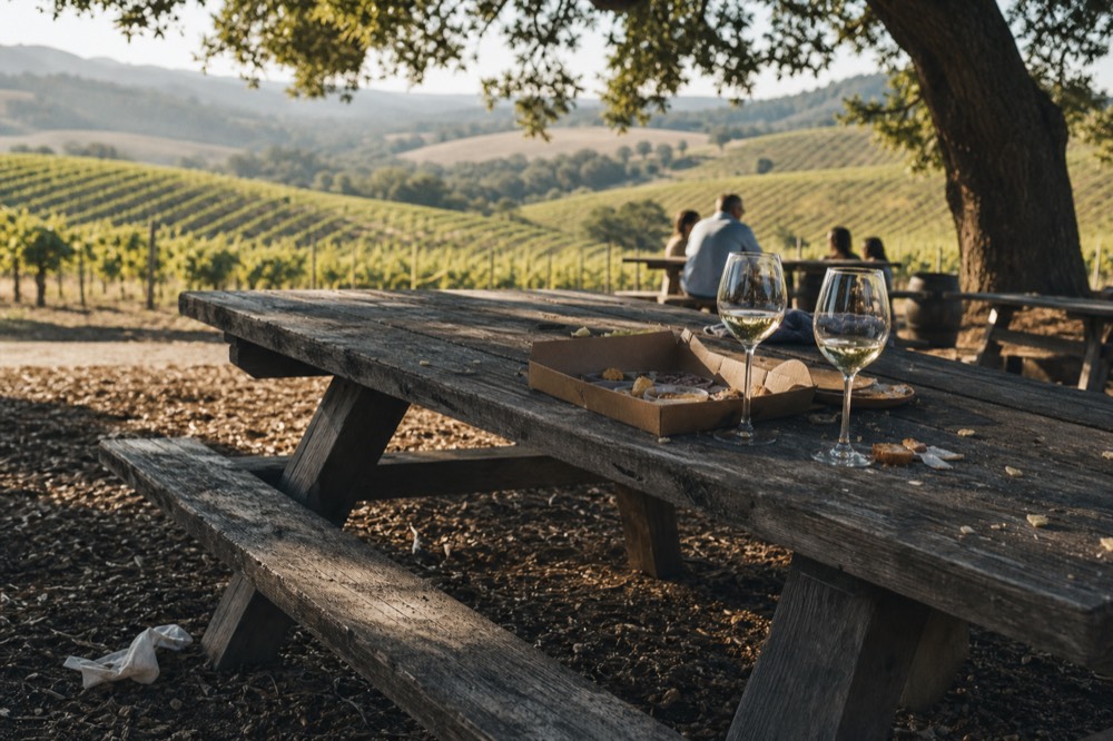 A shaded picnic table with a boxed lunch set beside wine glasses overlooking vines