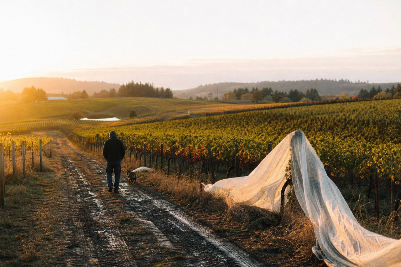 Vineyard rows rolling over hills near McMinnville, Oregon under soft evening light