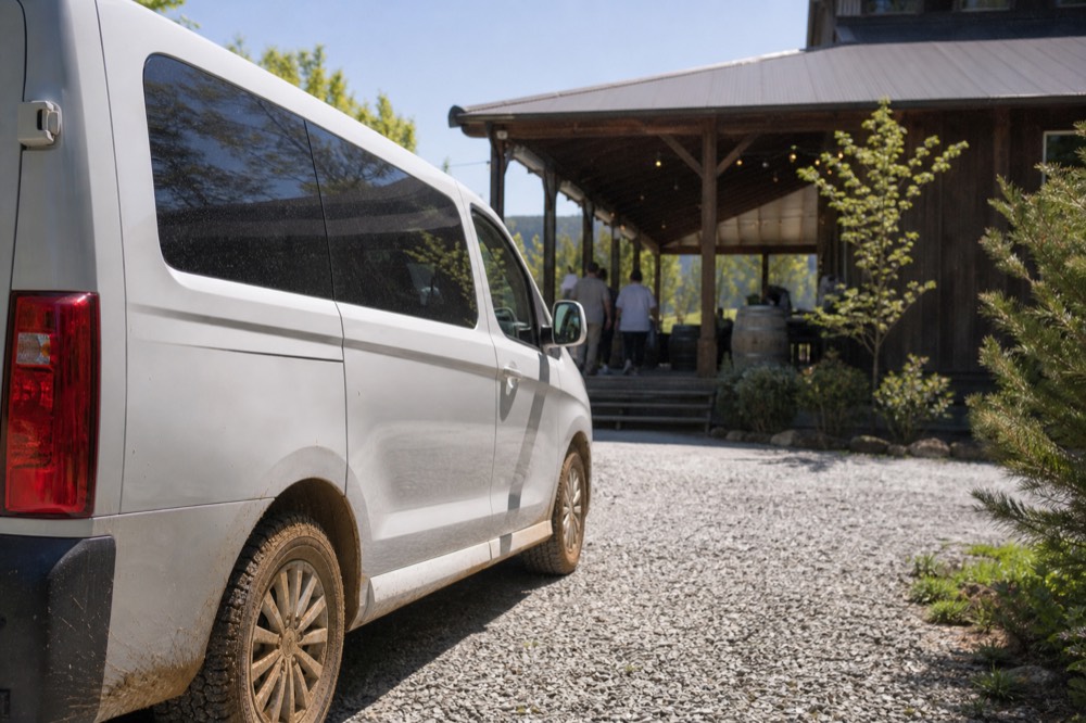 A passenger van parked on a gravel drive beside a winery tasting room