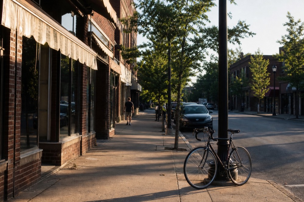 A quiet wine-country main street with storefronts and trees in late afternoon light