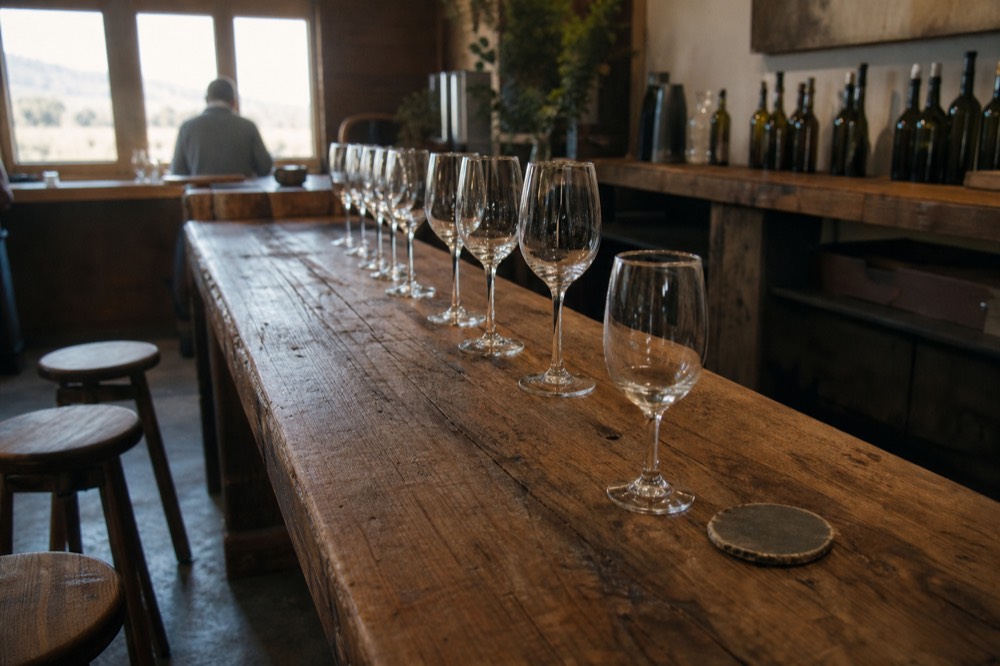 A rustic tasting room bar with glasses and wine bottles