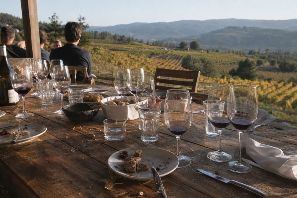 A table set for a wine pairing lunch overlooking vineyards