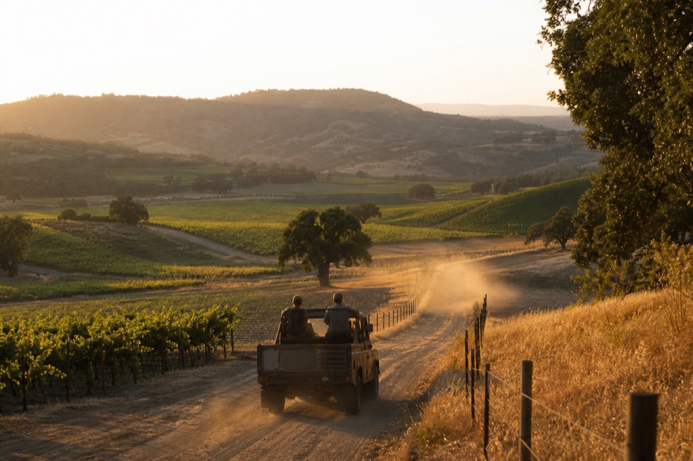 Sunset light over a valley of vineyards and oak trees in Oregon