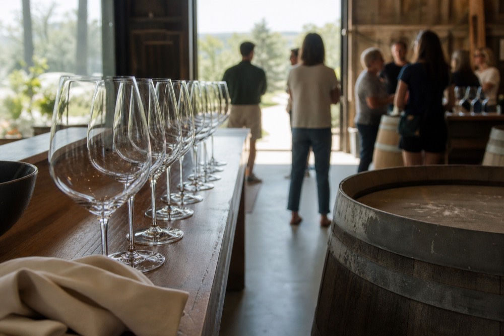 A winery tasting room bar with glasses of Pinot Noir lined up before a pour