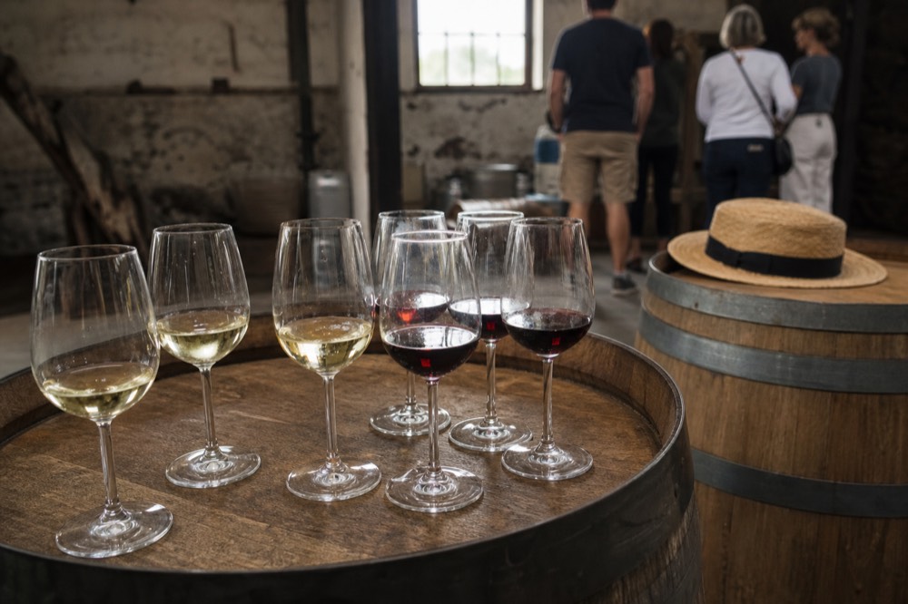 Close-up of a tasting flight of white and red wines on a barrel top in a Willamette Valley winery