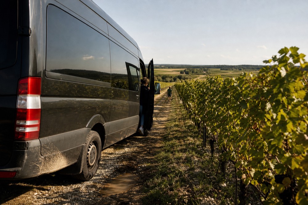 A Sprinter tour van parked on a rural road between vineyard rows in the Willamette Valley
