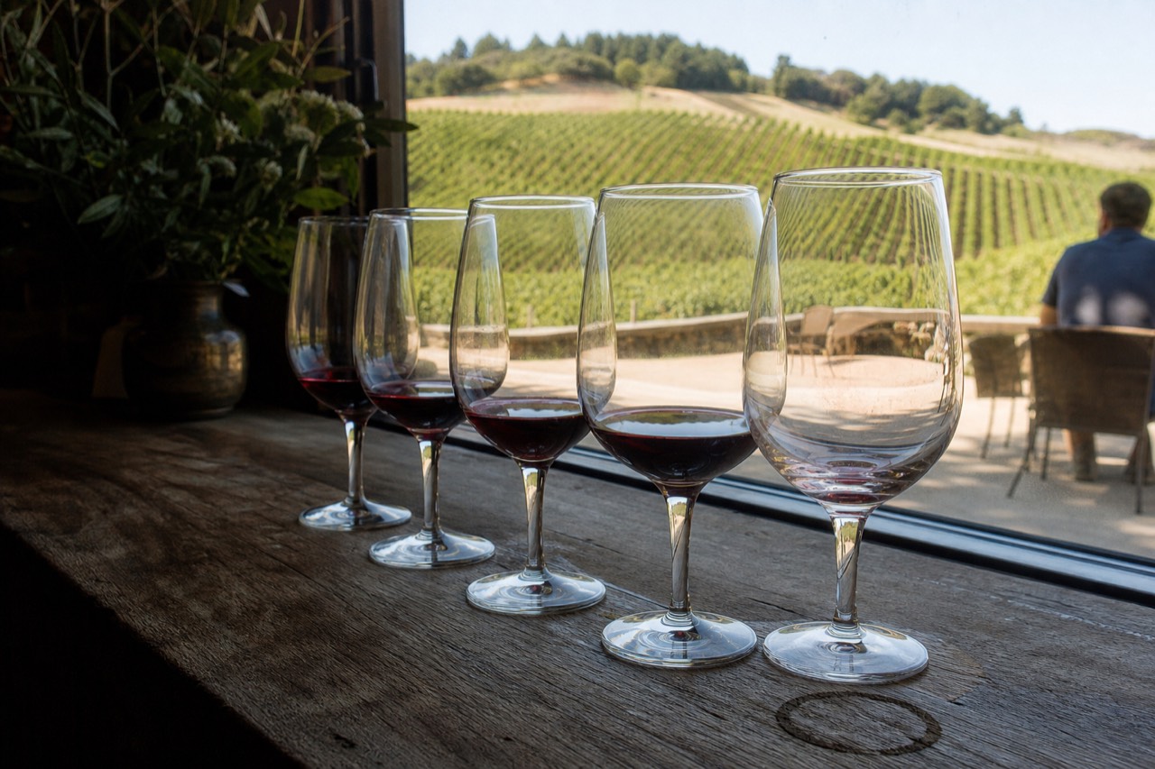 A tasting room flight of red wine glasses on a wooden bar overlooking Willamette Valley vineyards