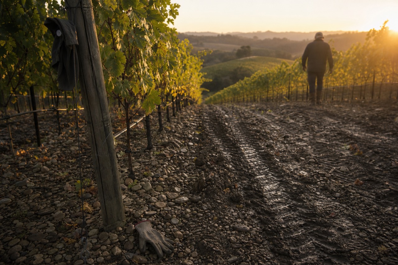 Golden light rakes across wet pinot noir rows on a hillside, a muddy track between vines